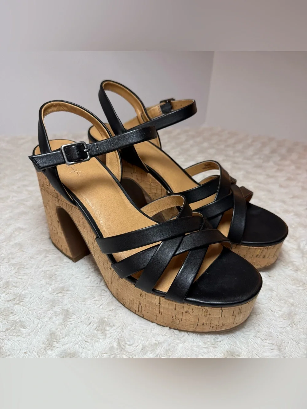 Crown Vintage Black Strappy Cork Platform Heels